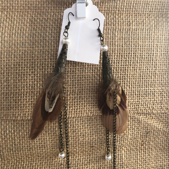 Brown Feather Drop Earrings - Picture 1 of 2